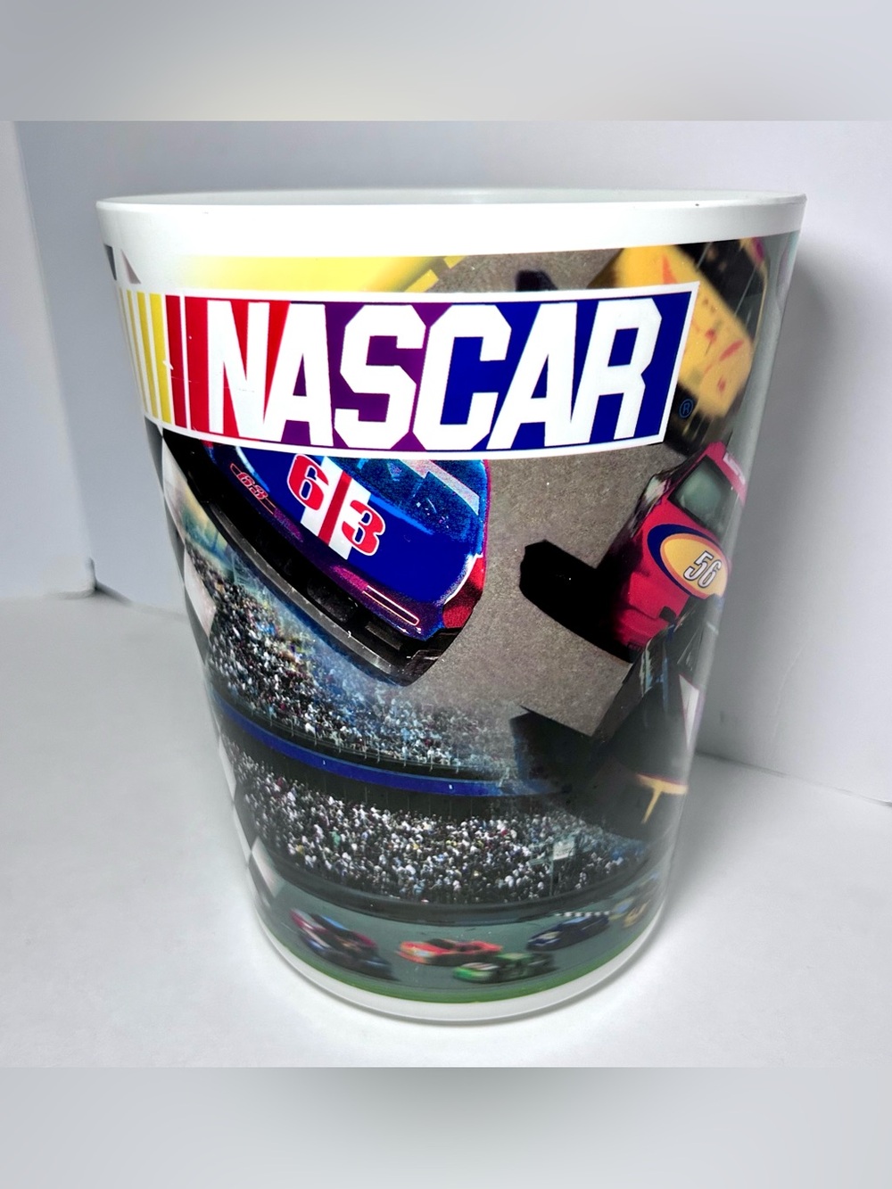 Vintage NASCAR All over Print Plastic Wastebasket Garbage Can
